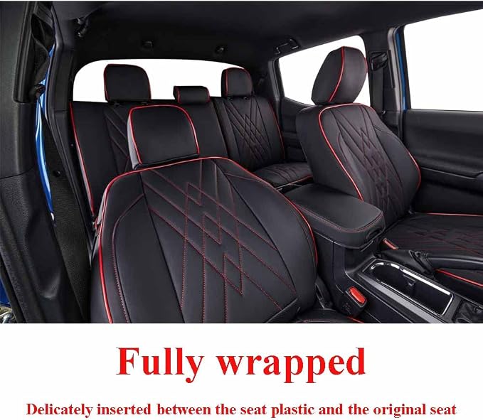 EKR Tacoma Leather Car Seat Covers Custom Fit for Toyota Tacoma 2012 2013 2014 2015 (Regular Seats) - Truck Seat Covers Full Set,Faux Leather(Black with Red Trim)
