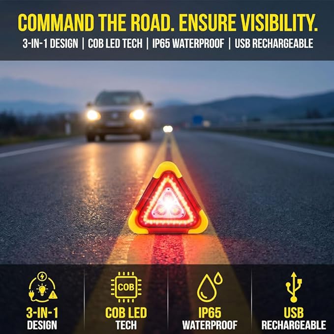 2026 New 3-in-1 Solar Emergency Triangle Warning Light at the Roadside, Portable LED Roadside Triangles with USB Rechargeable, Waterproof Hazard Reflector for Car Breakdowns (1Set, 9.45*10.63inch)