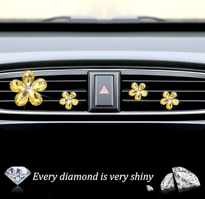 Zpana Bling Daisy Flower Car Air Vent Clips, 5PCS Sparkling Crystal Rhinestone Cute Vehicle Air Conditioning Clamp, Diamond Auto Air Outlet Clip Decor for Women Girls, Universal Fit (Golden)