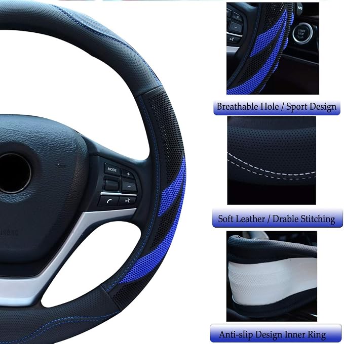 Alusbell Microfiber Leather Steering Wheel Cover Breathable Auto Car Steering Wheel Cover for Men and Women Universal 15 Inches (Blue)