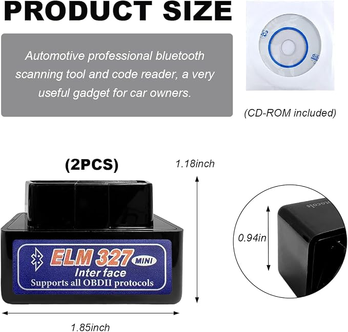 KVAEY 2 PCS OBDII Car Auto Diagnostic Scanner, ELM327 Automotive Bluetooth Scan Tool and Code Reader, Professional Car Bluetooth Engine Fault Code Reader, Universal Car Accessories (Black & Blue)