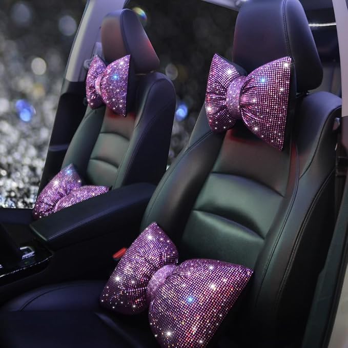 Car Pillow Headrest Auto Seat Headrest Cushion with Bow Tie Sparkly Bling Bling Rhinestone Accessories for Women Girls and Ladies Travel Comfort Head and Neck Rest Pink 2Pcs