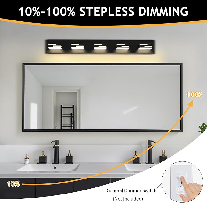 LED Modern Bathroom Vanity Light Fixtures, Dimmable Matte Black Vanity Lights for Bathroom Lighting Fixtures Over Mirror, with 360° Rotatable Acrylic Heads 5-Light 36-inch 5CCT
