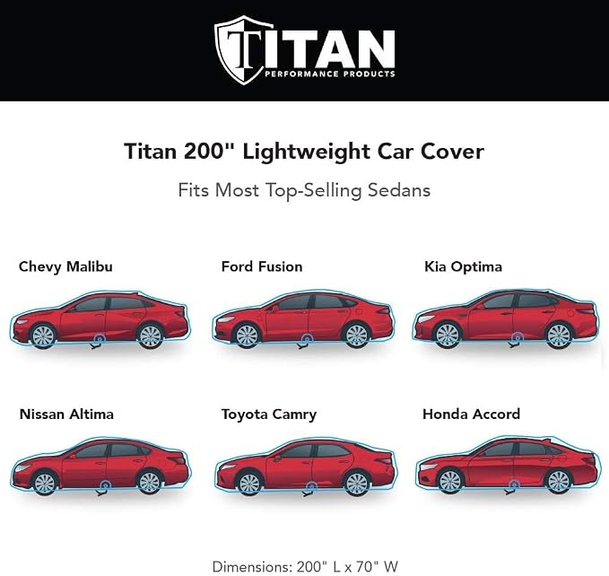 Titan Jet Black Poly 210T Car Cover for Sedans 186-202". Waterproof, UV Protection, Scratch Resistant, Driver-Side Zippered Opening. Fits Camry, Accord and More.