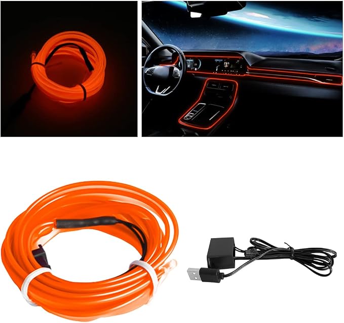 EL Wire LED Strip Lights, 10FT/3M USB Auto Neon Light Strip with Sewing Edge, Electroluminescent Car Ambient Lighting Kits with Fuse Protection, Car Decoration Accessories (Orange/10FT)