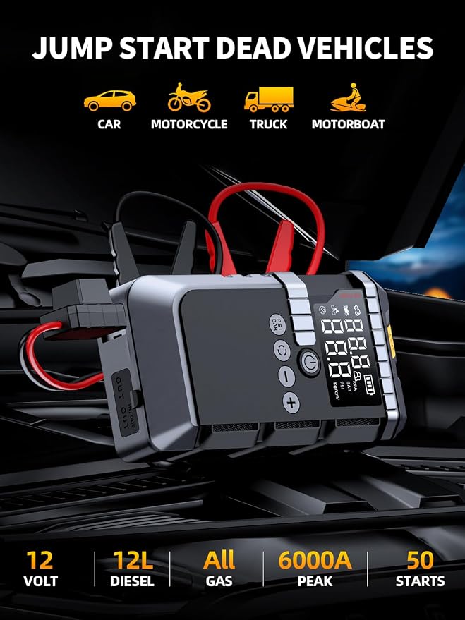 Portable Battery Jump Starter with Air Compressor for Car | 12V Jump Box with 160PSI Tire Inflator for Car Battery, LED Display for All Gas & 12L Diesel Engines, Light, Jumper Cables