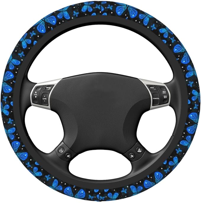 Blue Butterfly Black Steering Wheel Cover for Women Men Girls Car Accessories Decor Anti-Slip Neoprene Auto Steering Wheel Covers Protector Universal 15 Inch