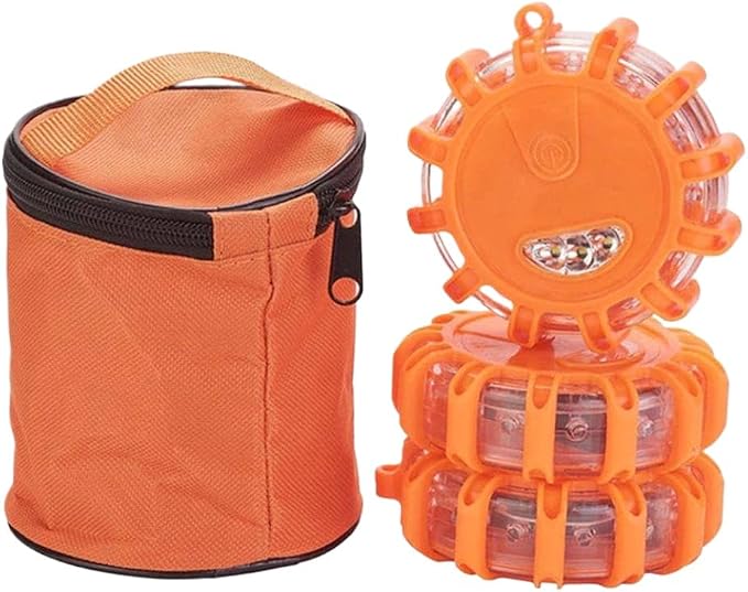3pcs LED Road Flares Lights with Magnetic Base Flashing Beacon Disc Kit Storage Bags Compatible with Roadside
