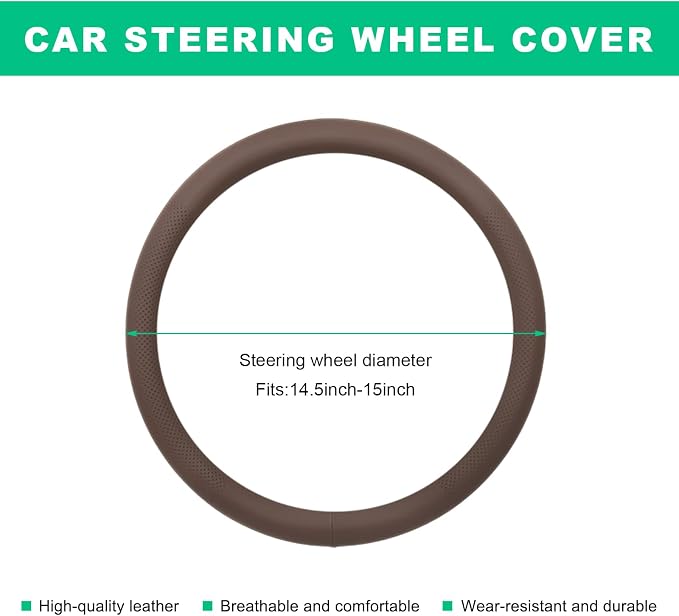 Car Steering Wheel Cover, 15" Breathable Leather Auto Wheel Protector with Comfortable Grip, Non-Slip Perforated Steering Wheel Protective Cover for SUV Truck Sedan Van (Brown)