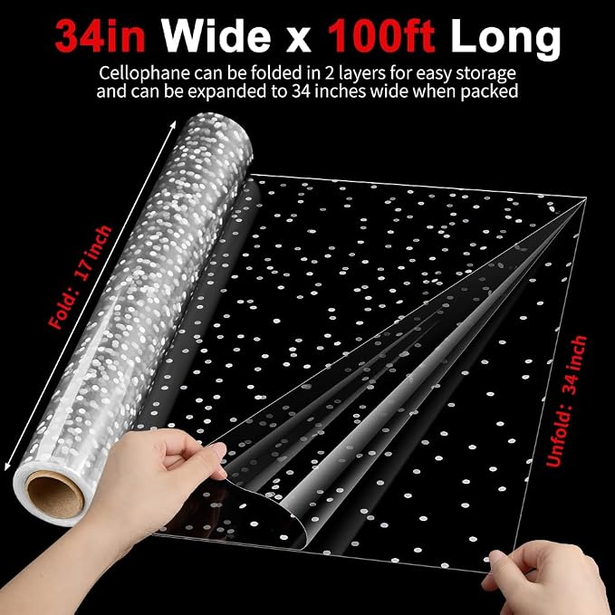 Mauproy 34 In x 100 Ft Clear Cellophane Wrap Roll with White Dots | 34" Fold into 17", Extra Wide, 2.5 Mil Thick Transparent Wrapping Paper for Baskets, Flower Bouquets