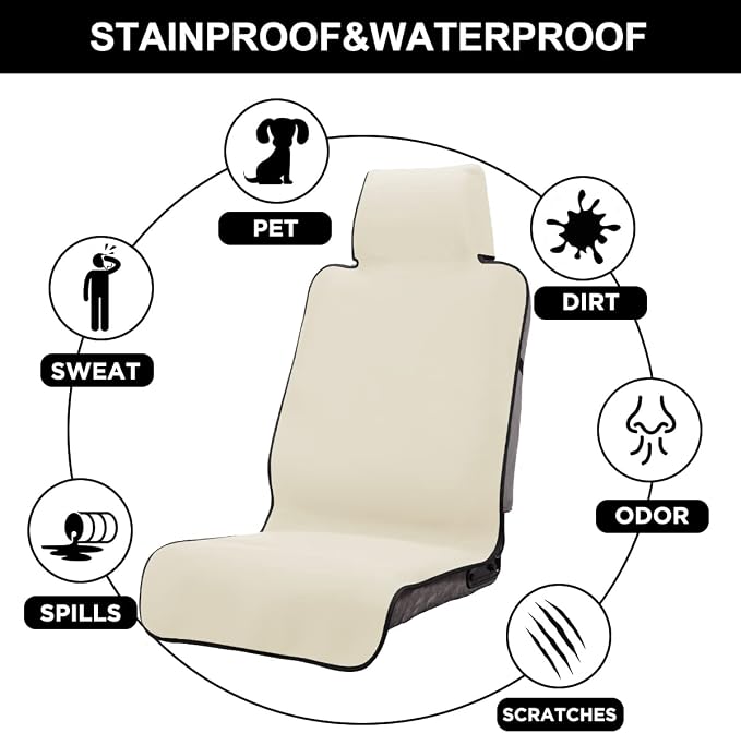 INFANZIA Premium Waterproof Seat Cover Towel Protector Neoprene Universal Fit, Upgraded 100% Washable & Removable Non-Slip Sweat Carseat Towel Covers, Perfect for Gym/Yoga/Workout（Beige,2PCS