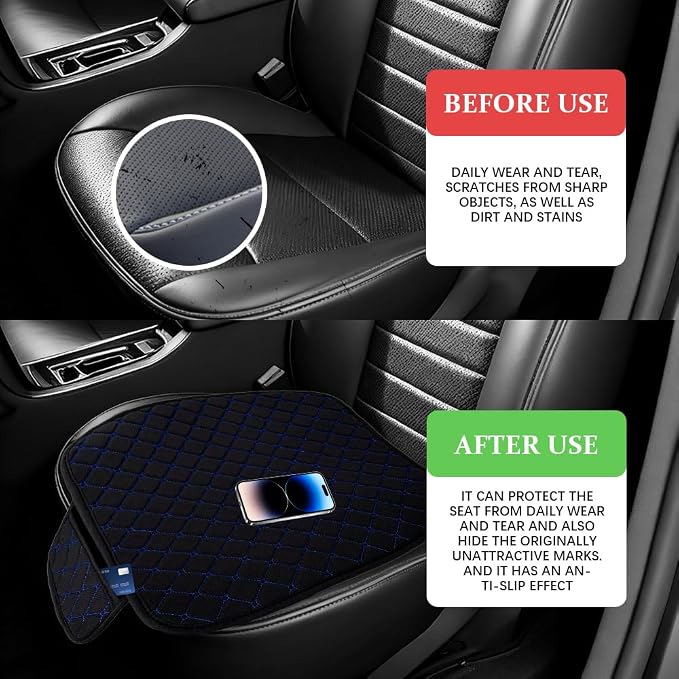 Leather Front Car Seat Cover, Anti-Slip Car Seat Bottom Covers, Full Wrapped Bottom Seat Protectors with Storage Pocket, Universal Comfortable Seat Cushion Fit Vehicles SUVs Trucks (K2-Black Blue)