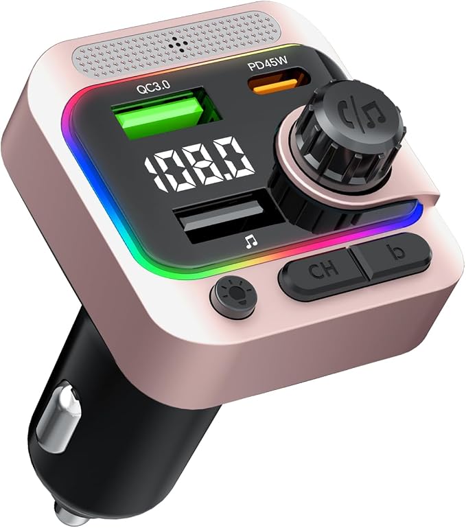 63W FM Transmitter Bluetooth Car Adapter, Wireless FM Bluetooth Transmitter | [PD 45W & QC3.0] Fast Charge, Deep Bass Player, Hands-Free Calling, Pink