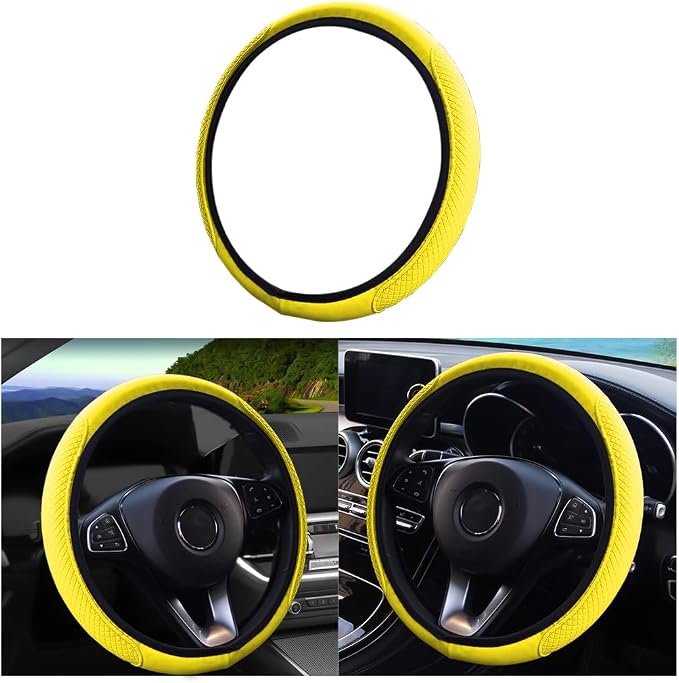 LoyaForba Leather Car Steering Wheel Cover, Elastic Breathable Anti-Slip Steering Wheel Protector, Car Interior Accessories for Men Women, Universal 15 Inch for Most Cars (Yellow)