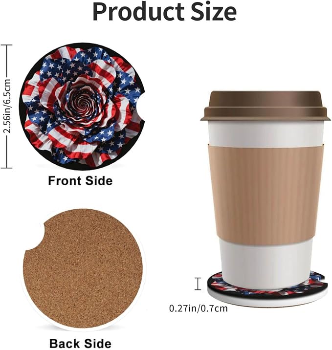 American Flag Rose 2 Pack Car Cup Holder Coasters Absorbent Ceramic Drink Coasters 2.56" Universal Anti Slip Cup Mat with Cork Base and Finger Notch Auto Accessories Interior for Women Men