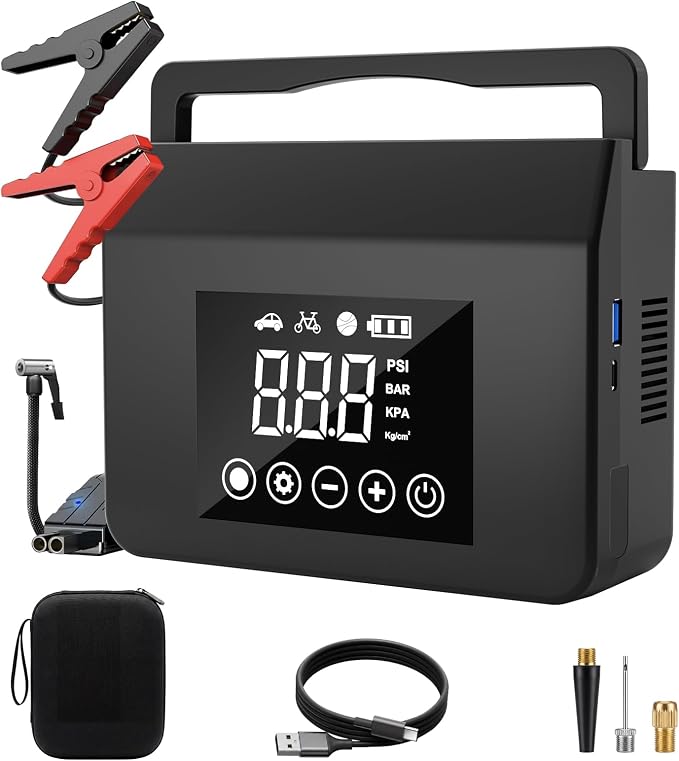 Jump Starter with Air Compressor, 4000A Car Battery Jump Starter(All Gas/8.0L Diesel) with 150PSI Tire Inflator 12V Car Battery Jump Power, Power Bank with LED Light, with Type-C Quick Charge