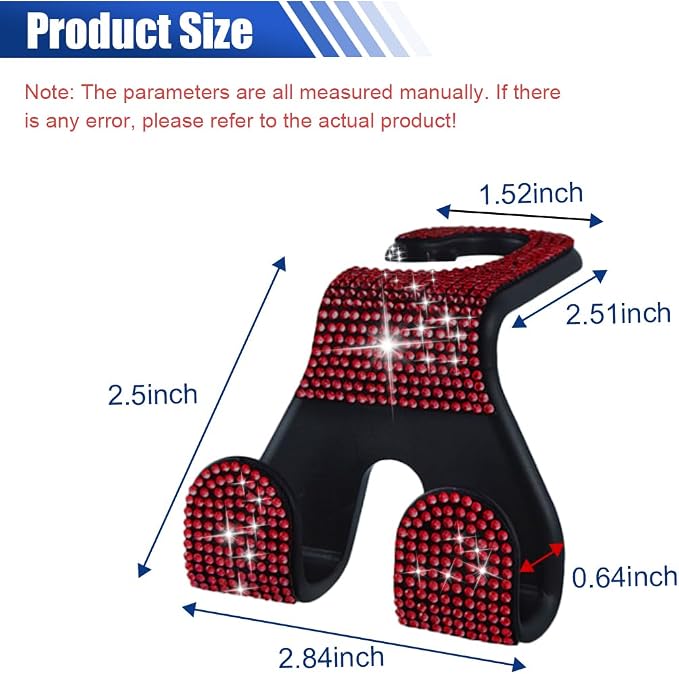 LAINLOY 2PCS Car Seat Headrest Hooks, Shiny Crystal Hanger Holder, Backseat Hanger Storage Organizer, Bling Rhinestone Car Purse Hook, Car Accessories for Women Universal for SUV Truck Vehicle (Red)