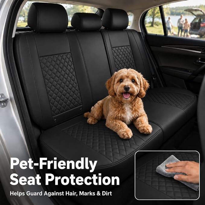 Black Thick Nappa Leather 3D Contoured Automotive Car Seat Covers Full Set | Univerasal Precision Fit,Lumbar Support,3D Contoured,Semi Coverage,Waterproof,ThickTexture,for most Suvs Trucks Sedans