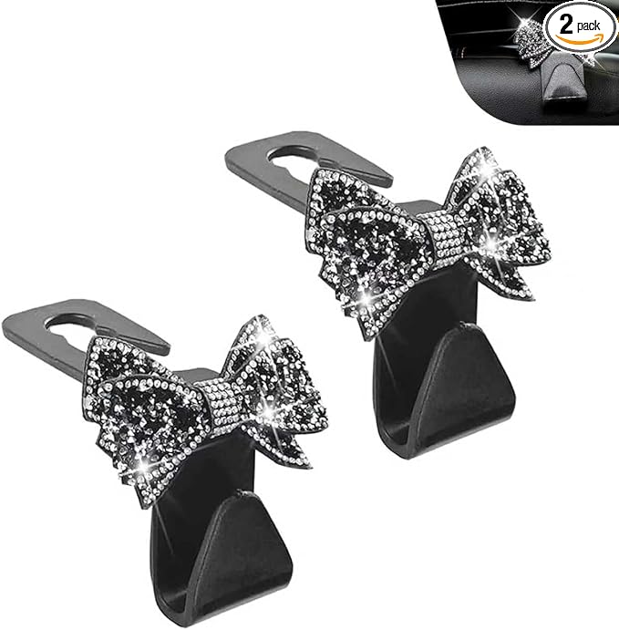 2 PCS Car Bling Seat Headrest Hooks, 3D Butterfly Bow Rhinestone Decoration Hook, Multi-function Storage Hanger for Purses and Bags, Cute Organizer for Car Rear Seat (Black)