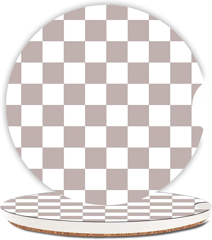 Taupe Checkered Car Coasters for Cup Holder Absorbent Ceramic Cup Coaster 2 Pack Anti Slip Car Interior Accessories with Finger Notch Cork Base for Women Men 2.56"