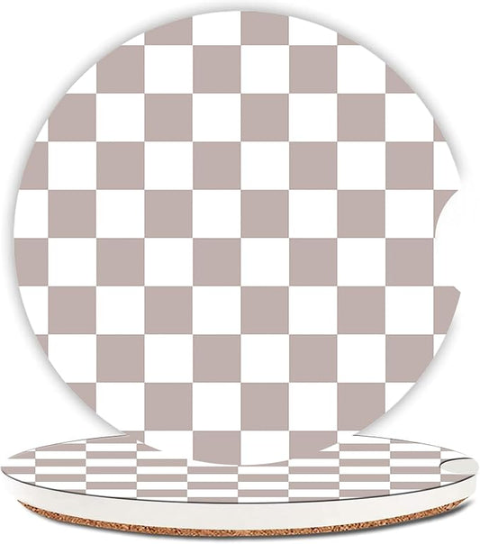 Taupe Checkered Car Coasters for Cup Holder Absorbent Ceramic Cup Coaster 2 Pack Anti Slip Car Interior Accessories with Finger Notch Cork Base for Women Men 2.56"