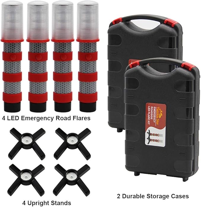 Twinkle Star LED Safety Strobe Road Warning Light, Set of 4 | Emergency Roadside Flares Kit, Highway Beacon Alert Flare, Magnetic Base, Detachable Stand, Solid Storage Case