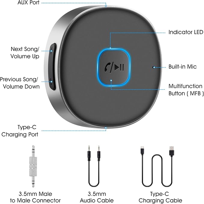 Bluetooth Receiver, LAICOMEIN Portable 3.5mm Aux Car Adapter, Bluetooth Wireless Audio Receiver for Car/Home Stereo/Wired Headphones/Speaker, 16H Battery Life