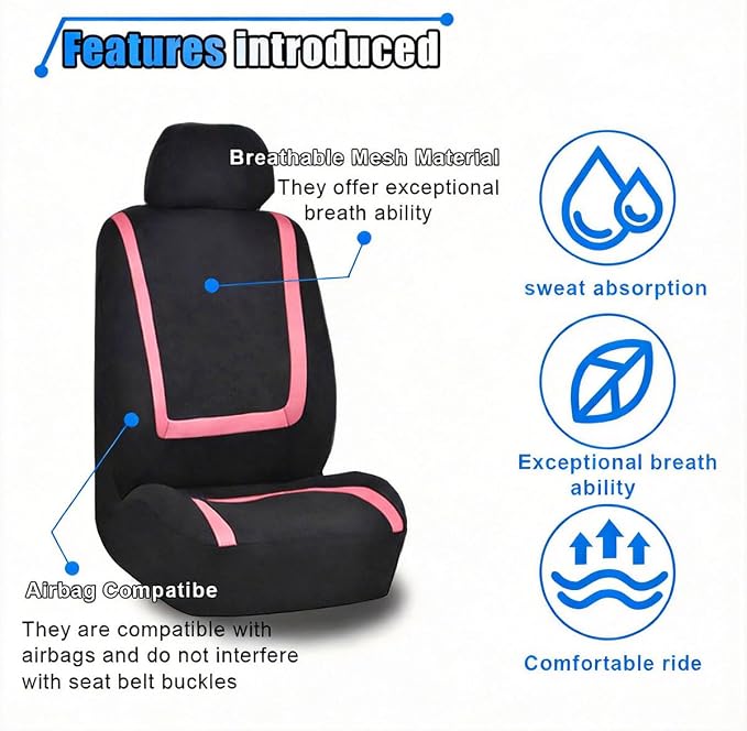 LAINLOY 2 Pack Car Seat Covers, Breathable Seat Protectors, Anti-Slip Driver Seat Cover, Comfortable Front Seat Cover Set Universal Fit for Truck, SUV, Sedan, Airbag Compatible (Black&Pink)