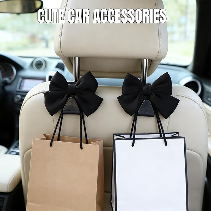 2PCS Car Seat Headrest Hooks, Car Purse Hook, Cute Bow Knot Vehicle Seatback Hanging Storage Organizer, Auto Seatback Decor Organizer Hanger for SUV Truck (Black)
