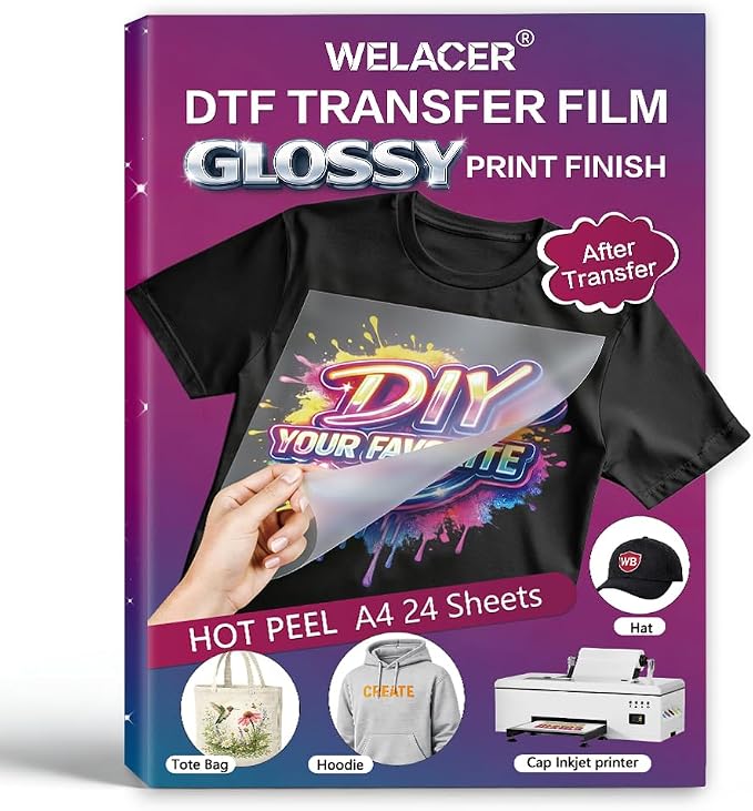 DTF Transfer Film A4 24 Sheets, Glossy Transfer Finish, Double-Sided Film | Hot&Cold Peel,PET Heat Transfer Paper for DTF Inkjet Printers Direct Print on T-Shirts and All Color Fabrics, Wash Durable