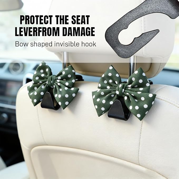 2PCS Car Seat Headrest Hooks, Car Purse Hook, Cute Bow Knot Vehicle Seatback Hanging Storage Organizer, Auto Seatback Decor Organizer Hanger for SUV Truck (Green/Polka Dot)