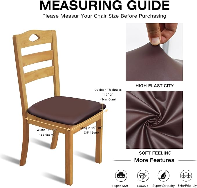 Leather Stretch Chair Seat Covers with Elastic Ties,Waterproof Dining Room PU Leather Chair Cover Seats,Removable Washable Chair Protector Seat Cushion Slipcovers for Home,Kitchen (Coffee, 4 PCS)