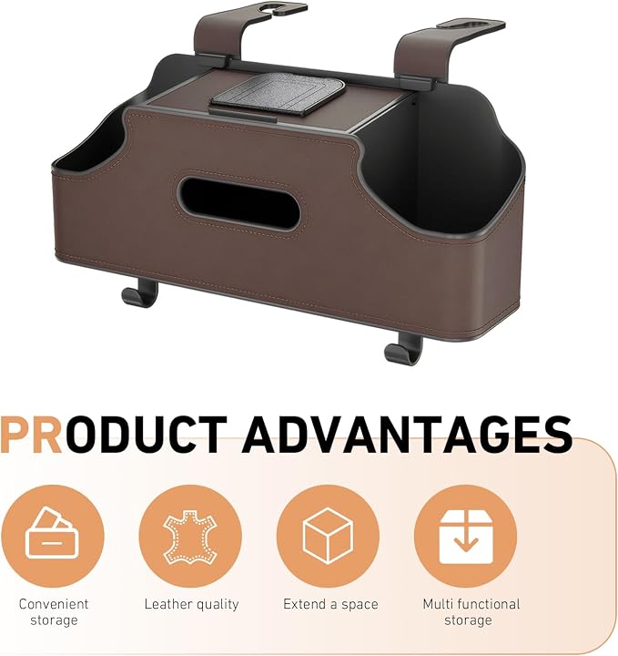 Car Organizer, Car Back Seat Organizer with 2 Drink Cup Holder, Leather Car Storage Box with Tissue Pouch, Multi-functional Behind Seat Storage Case, Universal for Most Vehicles (Brown)