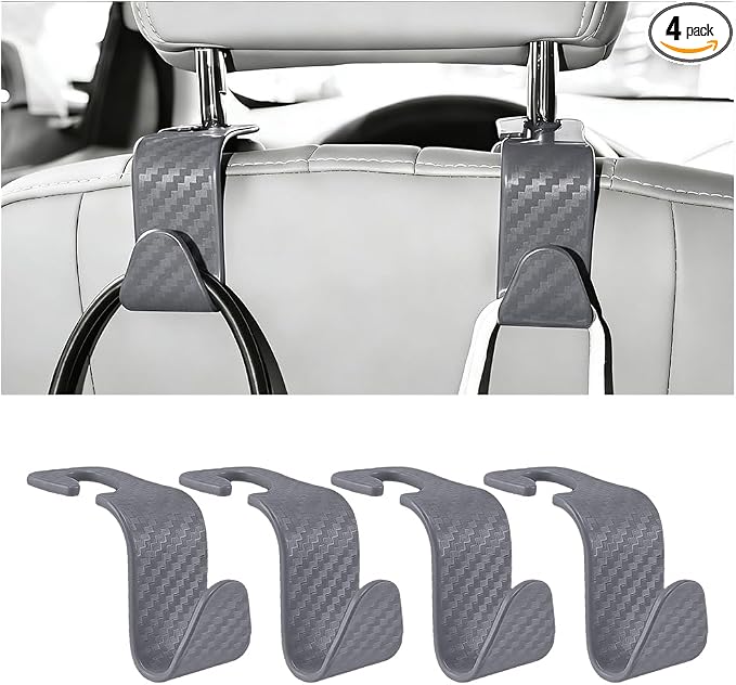 4PCS Car Seat Headrest Hook, Automotive Back Seat Storage Holder Hanger, Vehicle Interior Backseat Organizer Hanging Hook for Purse Handbag Grocery Bags, Universal Fit (Gray)