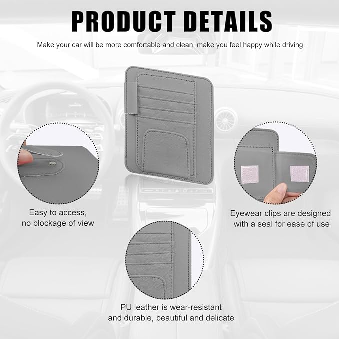 povtii Car Sun Visor Organizer, Waterproof Leather Car Sun Visor Storage Clip, Multifunctional Vehicle Sun Visor Folder with Sunglasses Clip, Universal Interior Car Accessories (Gray)