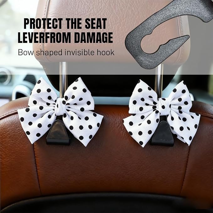 2PCS Car Seat Headrest Hooks, Car Purse Hook, Cute Bow Knot Vehicle Seatback Hanging Storage Organizer, Auto Seatback Decor Organizer Hanger for SUV Truck (White/Polka Dot)