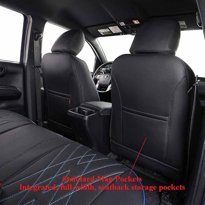 EKR Tacoma Leather Car Seat Covers Custom Fit for Toyota Tacoma 2012 2013 2014 2015 (Regular Seats) - Truck Seat Covers Full Set,Faux Leather(Black with Blue Trim)