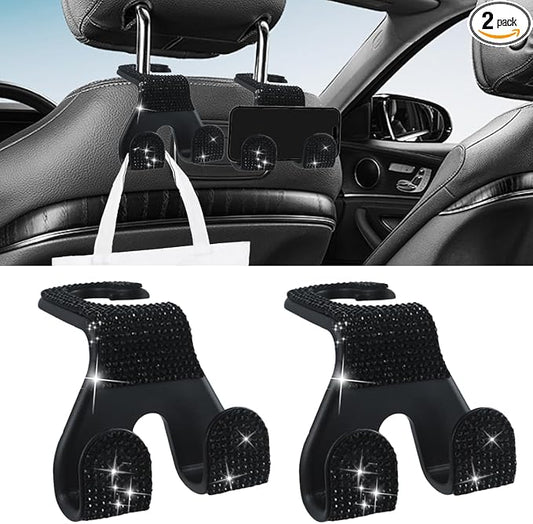 2PCS Car Seat Headrest Hooks, Shiny Crystal Hanger Holder, Backseat Hanger Storage Organizer, Bling Rhinestone Car Purse Hook, Car Accessories for Women Universal for SUV Truck Vehicle (Black)