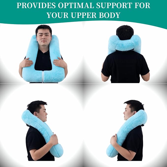 FHSGGP Travel Pillow Upgraded Version of Aircraft Travel Neck Pillow | with Storage Bag, Sleep Pillows for Travel by Train, Car, or Plane, Supporting The Head and Body, Travel Pillow for Kids Blue
