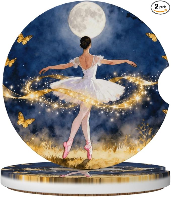 Ballet Dancer Golden Butterfly Moon Forest 2 Pack Car Cup Holder Coasters Absorbent Ceramic Drink Coasters 2.56" Anti Slip Cup Mat with Cork Base and Finger Notch Auto Accessories Interior