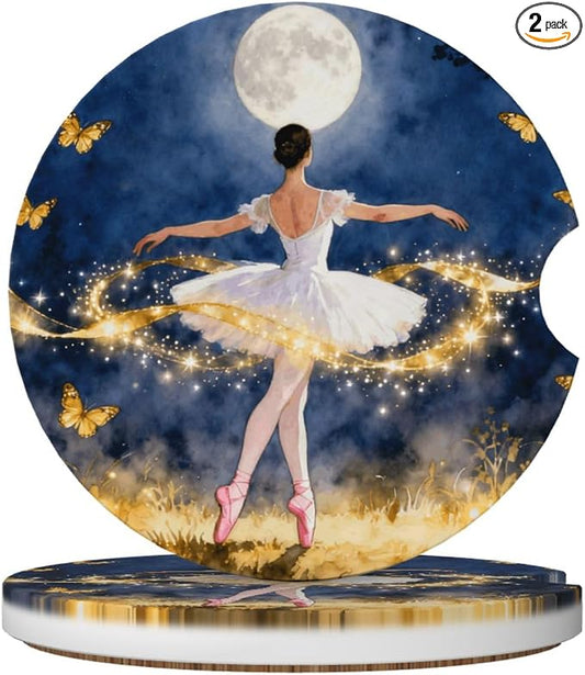 Ballet Dancer Golden Butterfly Moon Forest 2 Pack Car Cup Holder Coasters Absorbent Ceramic Drink Coasters 2.56" Anti Slip Cup Mat with Cork Base and Finger Notch Auto Accessories Interior
