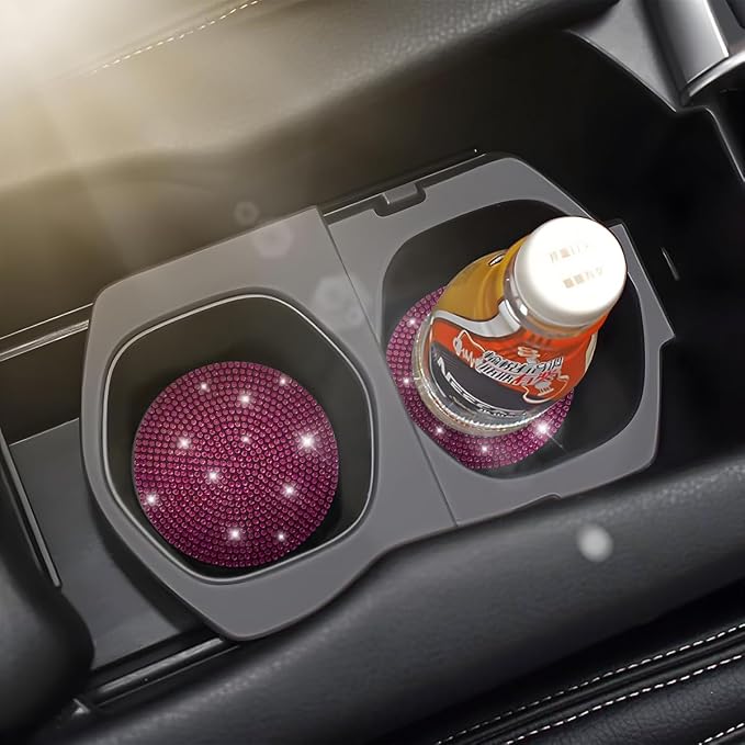 Osilly Bling Car Cup Holder Coaster, Crystal Rhinestone Anti-Slip Insert Coasters, Universal 2.75 Inch Fashion Automotive Cup Mat, Car Interior Accessories Decor Gifts for Women (Rose Red, 4PCS)