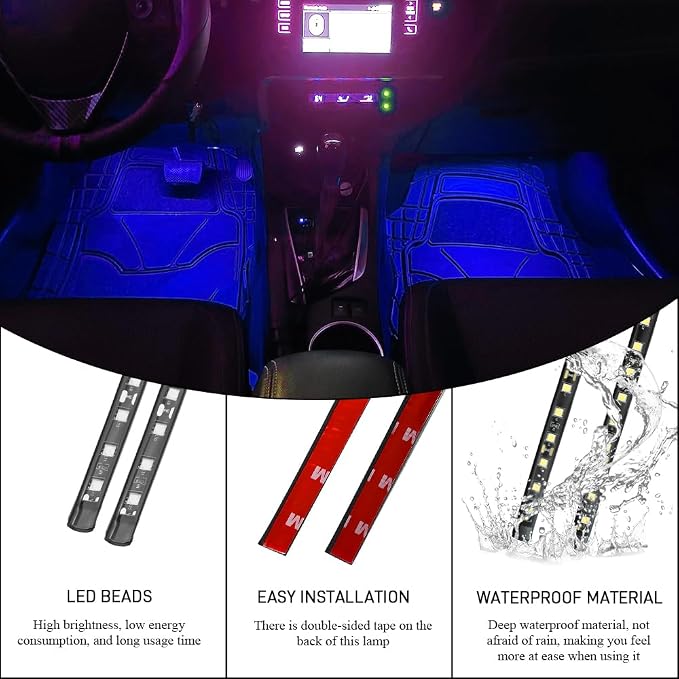 Car LED Strip Light, Car Interior Lights, 12V 24 LED Auto Under Dash Atmosphere Lights with USB Port, Auto Atmosphere Under Dash Lighting Kit for Vehicles (Blue, USB)