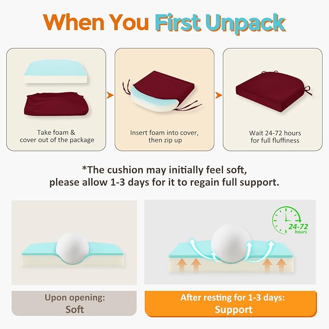 downluxe Chair Cushions for Dining Chairs, Memory Foam Linen Kitchen Chair Pads with Ties, Waterproof, Stain-Resistant and Washable Cover, 17" x 16" x 2.5", Red, 6 Pack