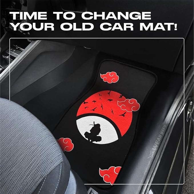 Anime Car Carpet Mat Set of 2 Front, Black Uchha Design Automotive Accessories Interior All Weather Floor Mats Decor with Non Slip Black Anti Skid Backing