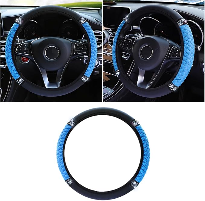 JOYCOURT 15 Inch Bling Soft Leather Car Steering Wheel Cover, Blue | Colorful Rhinestones Design, Auto Elastic Protector for Women Girls, Crystal Diamond Car Accessories for Most Cars, SUVs