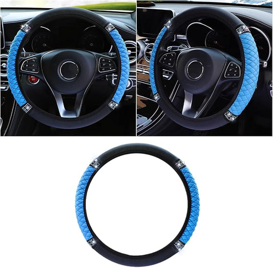 JOYCOURT 15 Inch Bling Soft Leather Car Steering Wheel Cover, Blue | Colorful Rhinestones Design, Auto Elastic Protector for Women Girls, Crystal Diamond Car Accessories for Most Cars, SUVs