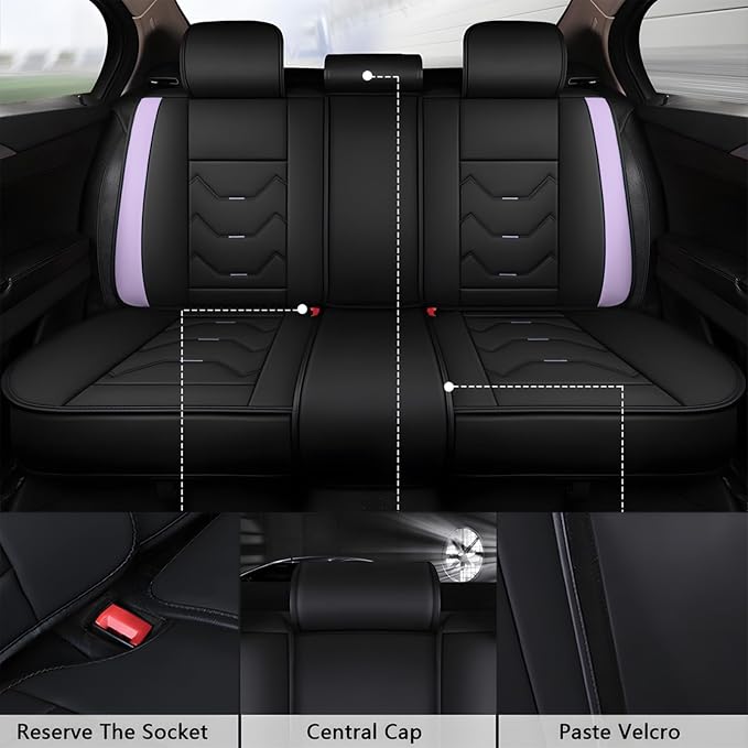 otoez Leather Seat Covers for Car Full Set, 5 Seat Car Seat Cover, Waterproof Automotive Seat Covers, Universal Seat Protector for Most Cars SedensTrucks SUVs (Black&Purple, No Pillows)