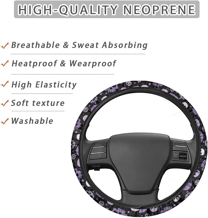 Wanyint Car Steering Wheel Cover for Women Men, Soft Neoprene Stretch Anti-Slip 15 Inch Steering Wheel Protector Universal Halloween Auto Decor, Purple Skull Print