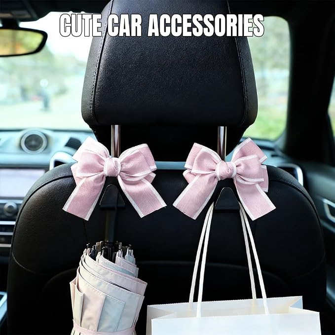 2PCS Car Seat Headrest Hooks, Car Purse Hook, Cute Bow Knot Vehicle Seatback Hanging Storage Organizer, Auto Seatback Decor Organizer Hanger for SUV Truck (Pink)